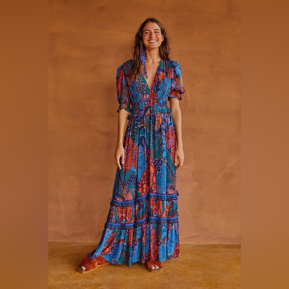 FARM Rio Blue Cool Leopard Ruffle Maxi Dress Size Small